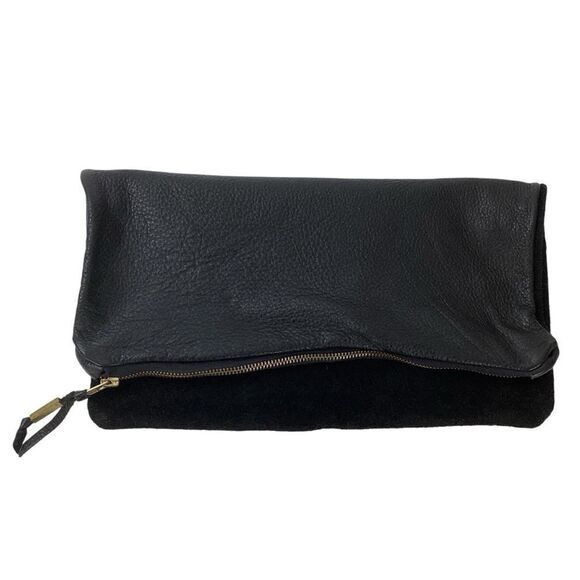 Leather Suede Black Clutch Fold Over Pouch Zip Closure Patchwork Minimal Purse - Picture 5 of 7